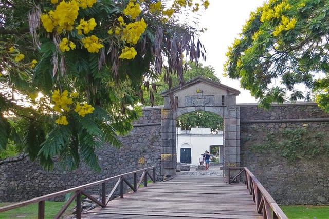 The iconic gate to the old city of Colonia del Sacramento is surrounded by many trees, home to several bird species.